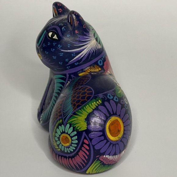 Cat Kitten Mexican Folk Art Pottery Blue W Bird Figurine Tonala Talavera Style - Picture 5 of 10